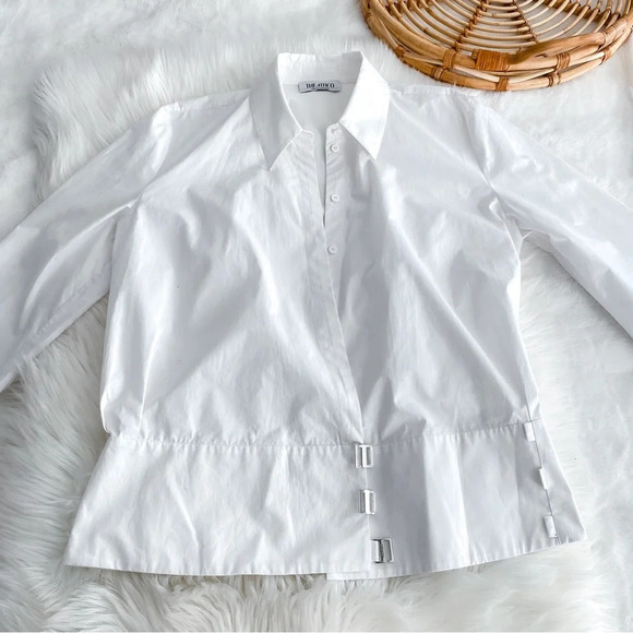 The Attico Delia Cotton Poplin Wrap Front Blouse Top White Faux Button Up - Picture 6 of 16